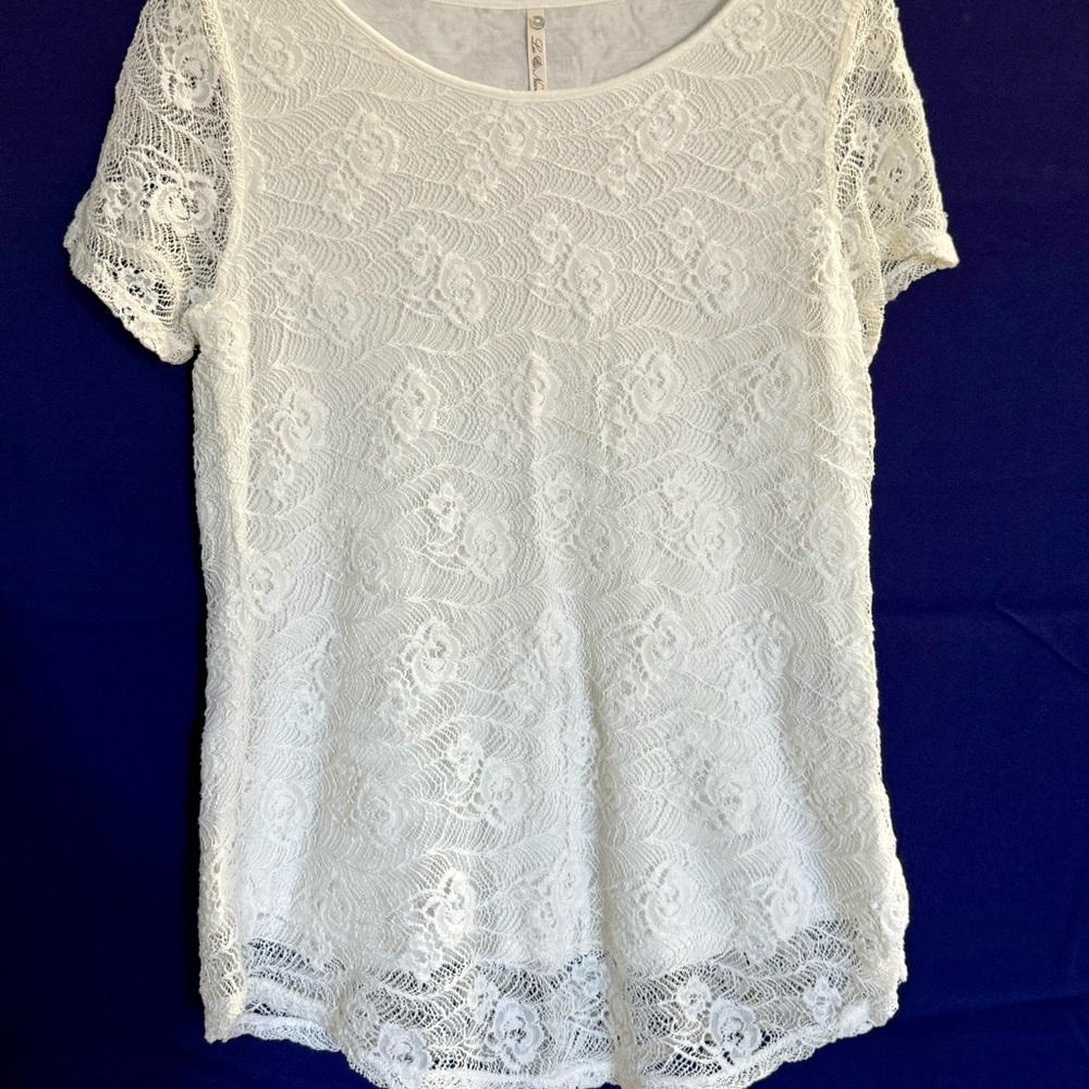 Leo & Nicole White Lace Short Sleeve Blouse L Large Romantic Core Feminine Top
